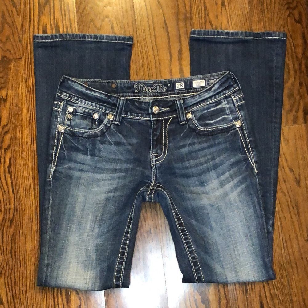 MISS ME Dark Wash Embellished Boot Cut Denim Low Rise Jeans Size 28x31 TAG 28x34